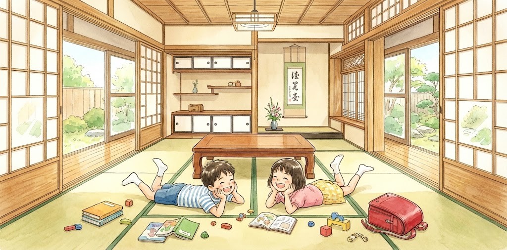 8畳の部屋（畳が8個）に小学生の男女の兄弟が寝転がっているイラスト