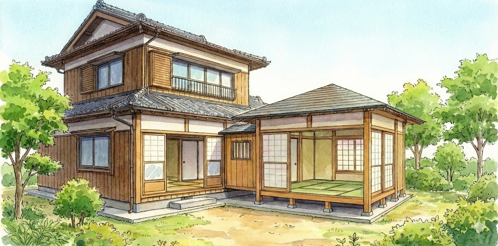 木造2階建ての母屋と、渡り廊下で接続された独立した和室の離れを描いた手描きの水彩画イラスト。母屋は瓦屋根で、木の壁と窓がある。離れは開放的で、内部には畳が敷かれ、障子が見える。建物は緑豊かな庭に囲まれ、背景には青空が広がっている