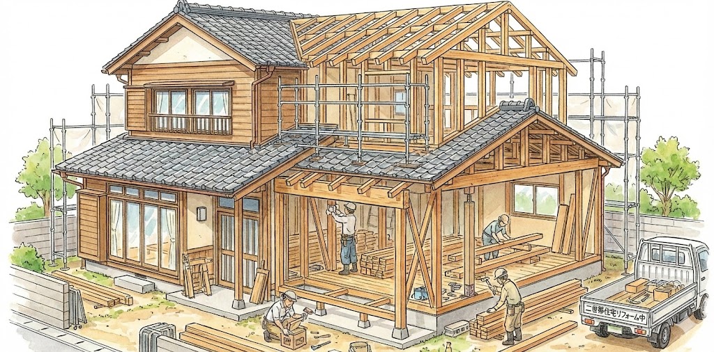 既存の木造住宅の1階屋根の上に、新しい2階部分の骨組みを増築している大規模なリフォーム工事現場の手描きイラスト。1階部分では、増築の荷重を支えるために大工が太い柱や梁を入れて補強工事を行っている様子が内部まで見えるように描かれている。足場が組まれ、多くの資材や作業員、トラックが配置された活気ある工事風景