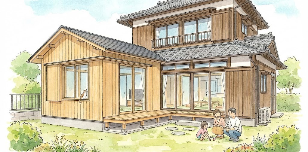 水彩画風イラスト：木造一戸建ての庭でくつろぐ家族。大きな窓とウッドデッキがあり、増築されたような新しい木の部屋の窓辺には猫がいる。穏やかな日中の風景