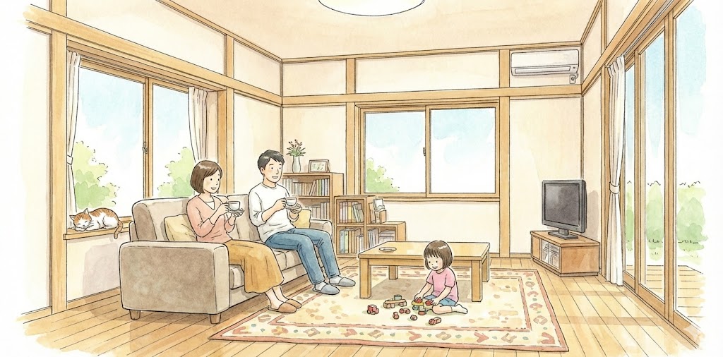 水彩画風イラスト：増築された明るい木造の洋室でくつろぐ家族3人の様子。夫婦はソファに座ってお茶を飲み、女の子はラグの上でおもちゃで遊んでいる。大きな窓から光が差し込み、窓辺では猫が眠っている穏やかな団らんの風景