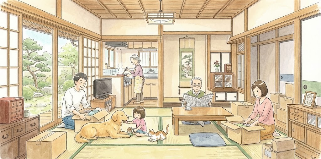 水彩画風イラスト：古い日本の民家で、引っ越しの荷解きをする三世代家族の賑やかな団らんの様子。畳の部屋では、祖父が座卓で新聞を読み、祖母が台所で料理をしている。両親は段ボールから荷物を取り出し、女の子はゴールデンレトリバーの犬と猫と遊んでいる。縁側からは手入れされた庭が見え、温かい雰囲気に包まれている