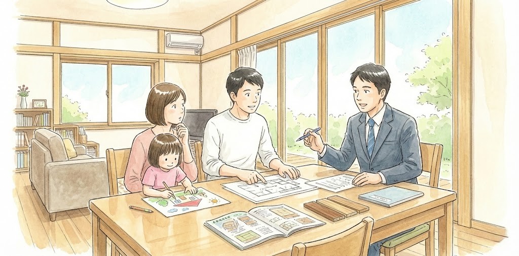 水彩画風イラスト：明るいリビングで、家族3人とスーツ姿のリフォーム会社担当者が木製テーブルを囲んで打ち合わせをしている。テーブルには図面、カタログ、木材サンプルが広げられ、父親が図面を指差し、担当者がペンで説明している。母親は真剣に聞き入り、女の子は隣でお絵描きをしている。窓の外には緑が見える