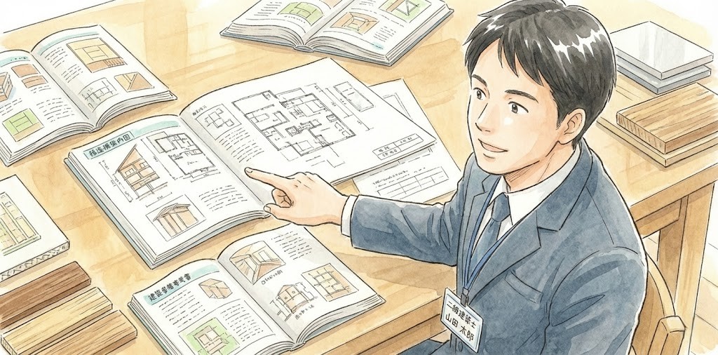 水彩画風イラスト：スーツ姿の若い男性二級建築士（名札に「二級建築士 山田太郎」と記載）が、木のテーブルに広げた複数の建築図面や参考書、構造図を指差しながら穏やかな表情で説明している。周囲には木材サンプルやカタログも置かれ、増改築に関する豊富な知識と頼りがいのある専門家の様子が描かれている