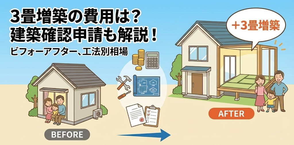 3畳増築の費用と建築確認申請を解説する記事のサムネイル画像。「3畳増築の費用は？建築確認申請も解説！ビフォーアフター、工法別相場」というタイトル文字の下に、左側は既存の小さな家と家族の「BEFORE」イラスト、右側は「+3畳増築」された和室のある家と喜ぶ家族の「AFTER」イラストが描かれている。中央には、費用（硬貨、電卓）、工事（工具、設計図）、手続き（申請書類）を示すアイコンと、BEFOREからAFTERへ向かう矢印が配置されている