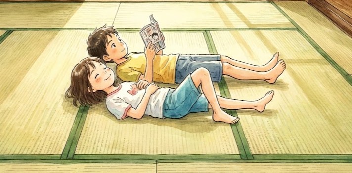 畳を3枚引いた上に小学生の男女の兄弟が寝転んでいるイラスト