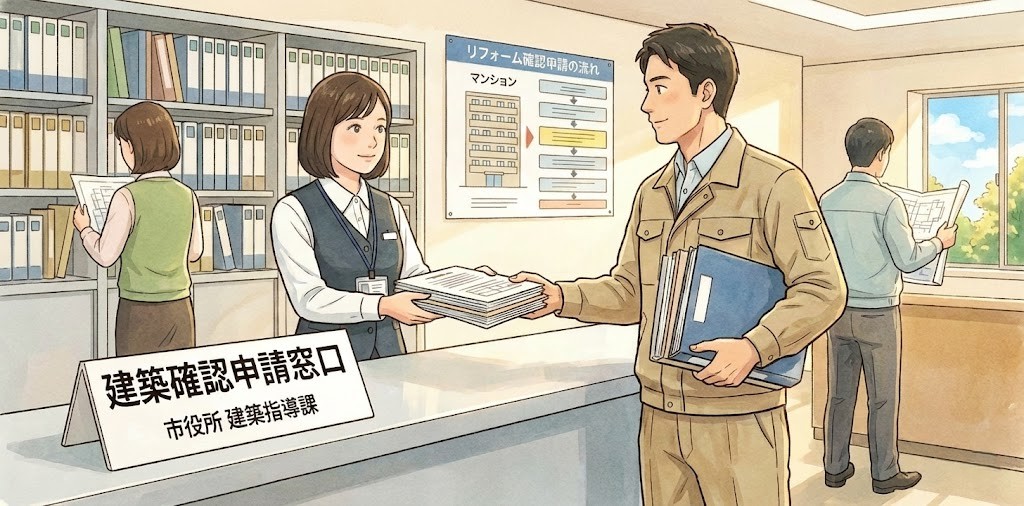 確認申請をしているリフォーム会社の社員のイラスト
