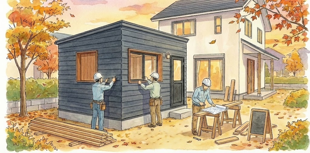 紅葉した秋の庭で、既存の白い戸建て住宅の横に、3人のヘルメットをかぶった建設作業員が小さな離れの小屋を建てている様子の水彩イラスト