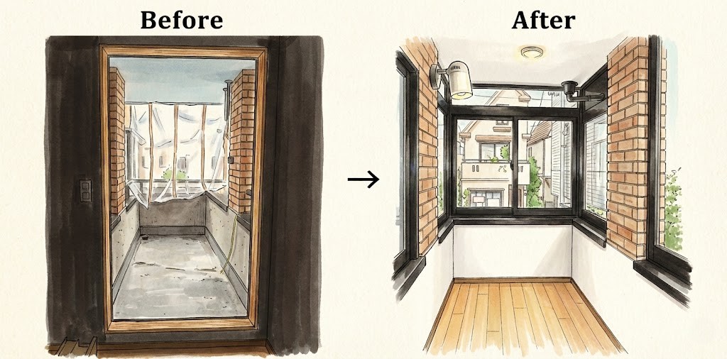 バルコニーをリフォームして居室にした事例のイラスト