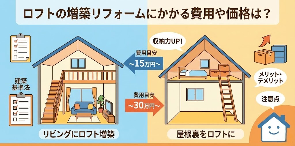 ロフト増築リフォームの費用目安を解説するイラスト。左側は「リビングにロフト増築」の断面図で費用目安は「〜15万円〜」、右側は「屋根裏をロフトに」する断面図で費用目安は「〜30万円〜」と表示
