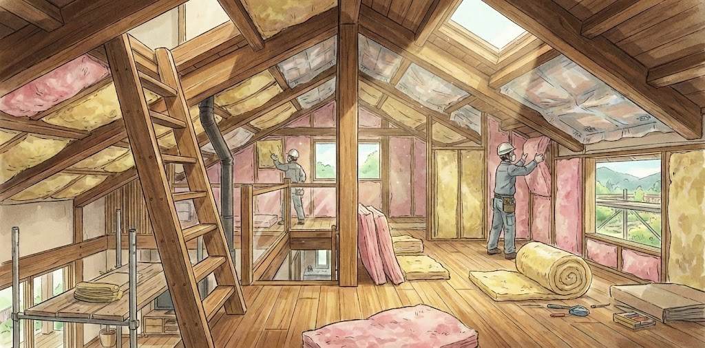 屋根の裏に断熱材を入れている様子