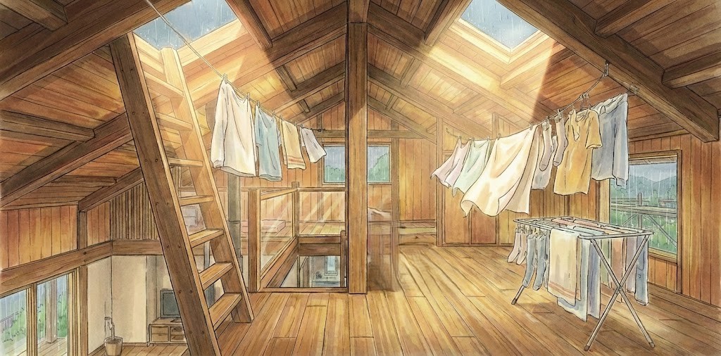 部屋の左右の天窓の下付近は太陽の光がよくあたるので、雨の日でも洗濯物が乾く