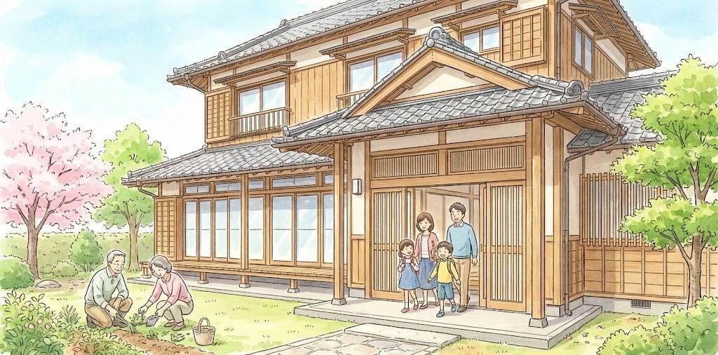 キッチンやリビング、玄関などを共有し、1つの住宅に2世帯で暮らす家族のイラスト