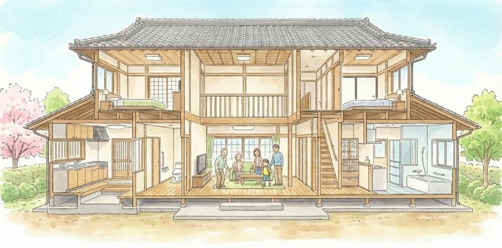 玄関とリビングを共有しつつ、キッチンや浴室・トイレなどの水回りは世帯ごとに別々に設置された「部分同居型」二世帯住宅