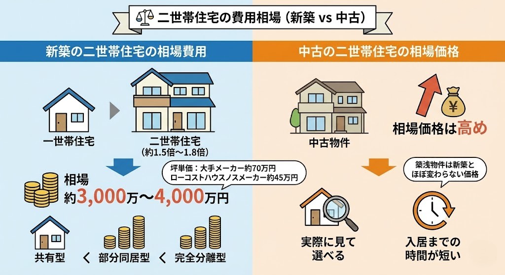 二世帯住宅の費用相場を新築と中古で比較したインフォグラフィック。 左側の青いエリアは「新築の二世帯住宅の相場費用」。一世帯住宅の約1.5～1.8倍の建築費用がかかり、相場は約3,000万～4,000万円と示されている。坪単価の目安は大手メーカー約70万円、ローコストメーカー約45万円。タイプ別の費用は、共有型が最も安く、次いで部分同居型、完全分離型の順に高くなることがコインの積み上げイラストで表現されている。 右側のオレンジのエリアは「中古の二世帯住宅の相場価格」。相場価格は高傾向にあり、築浅物件は新築とほぼ変わらない価格という注釈がある。メリットとして、虫眼鏡のアイコンで「実際に見て選べる」こと、時計のアイコンで「入居までの時間が短い」ことが挙げられている