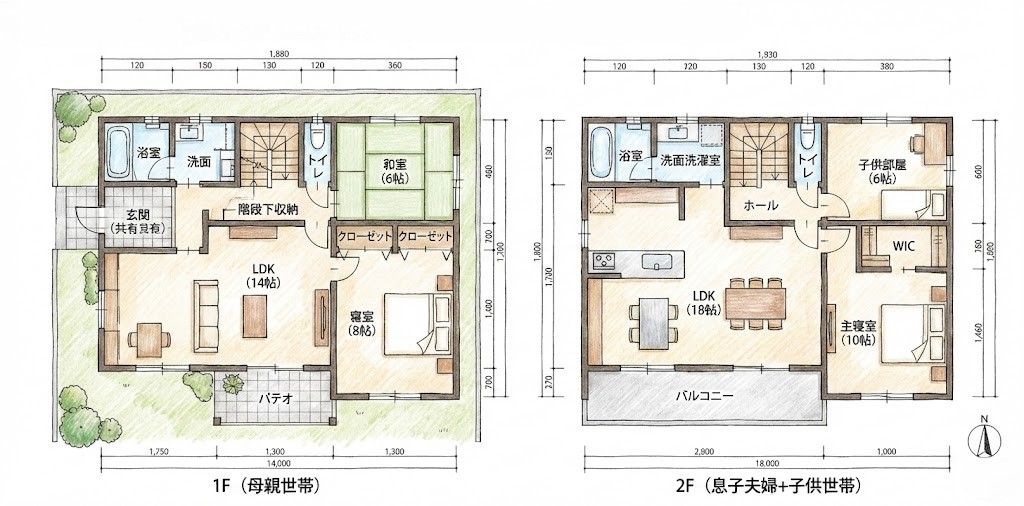 母親が1人で住んでいる戸建ての二階部分をリフォームして、息子夫婦と子供1人が同居している家の間取図