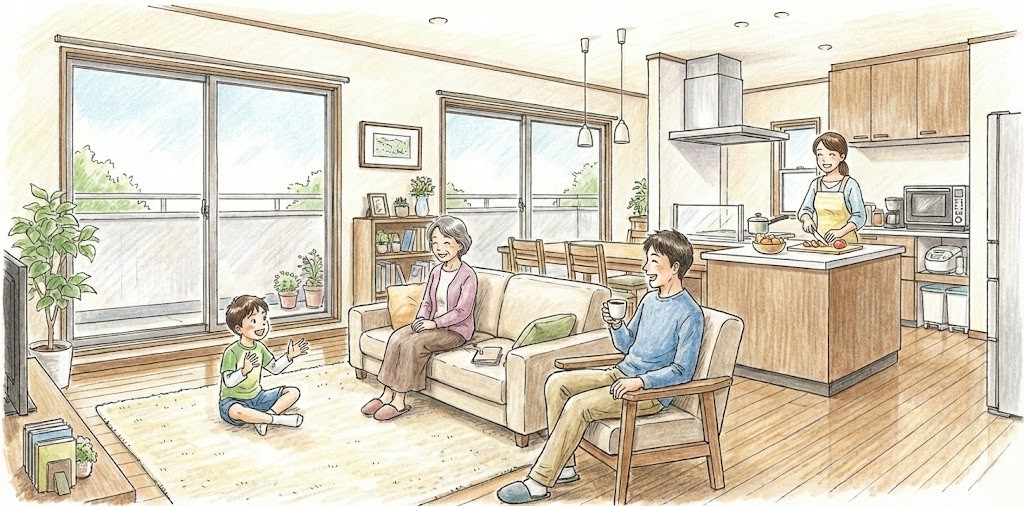 二階だけをリフォームして二世帯住宅に住んでいる母親と息子家族(夫婦+小学生の息子)が2階のリビングで談笑しているシーン