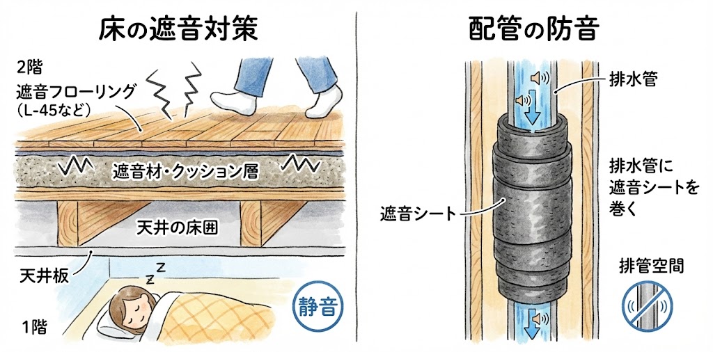 左半分:床の遮音対策遮音性の高いフローリング材(遮音等級L45など)を採用右半分:配管の防音排水管に遮音シートを巻いたイラスト