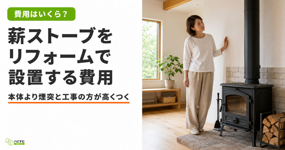 リビングの薪ストーブの脇で考え込む白トップス姿の30代後半〜40代の日本人女性。タイトル「薪ストーブをリフォームで設置する費用」とサブコピー「本体より煙突と工事の方が高くつく」を表示したハピすむのサムネ画像。
