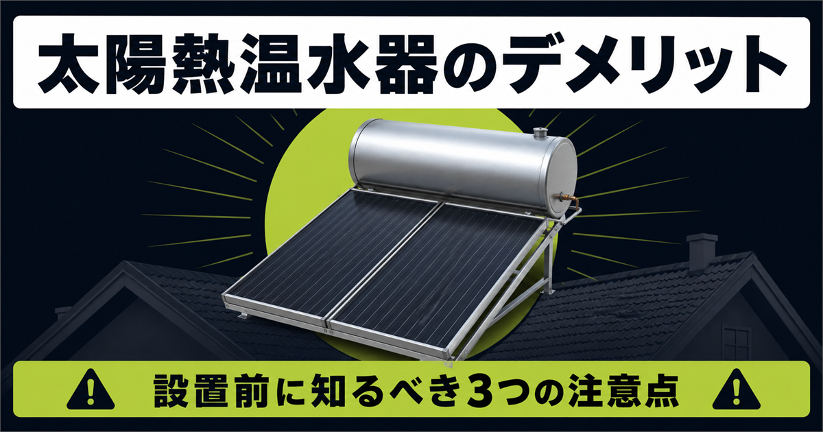 屋根上に設置された集熱パネル付き太陽熱温水器と「太陽熱温水器のデメリット」の文字