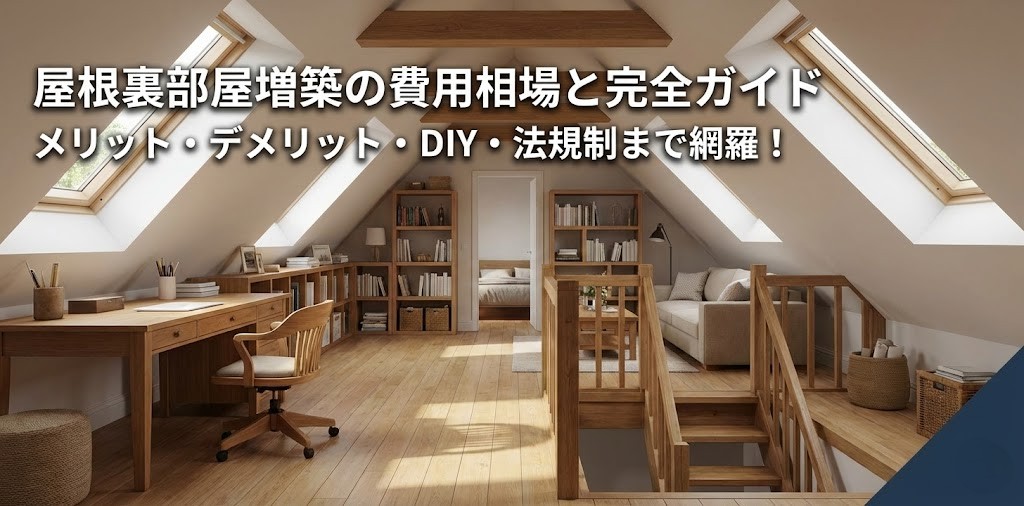 明るく快適な屋根裏部屋のイメージ画像。中央上部に『屋根裏部屋増築の費用相場と完全ガイド メリット・デメリット・DIY・法規制まで網羅！』という白いタイトルテキストが配置されている
