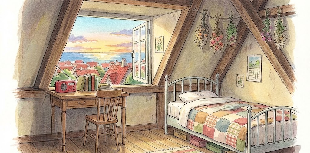 木目調の天井と天窓がある、明るくモダンな屋根裏部屋のイラスト。左側にデスク、中央にソファがあり、床には下階へ続くハシゴが設置されている