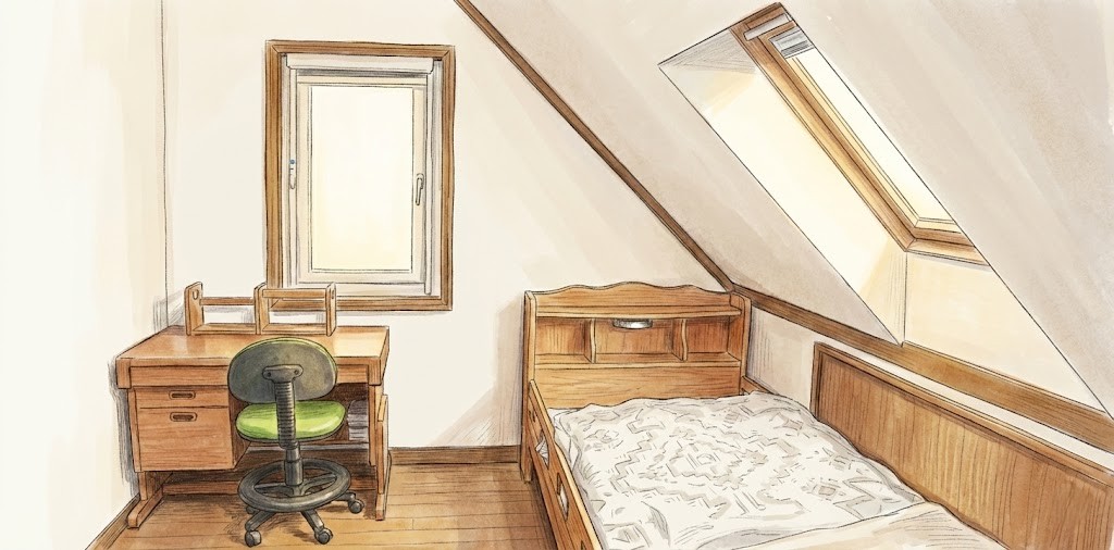 椅子と木製の机、ベッドが置かれた、屋根裏部屋のような傾斜した天井のある部屋のイラスト。窓からは明るい光が差し込んでいる