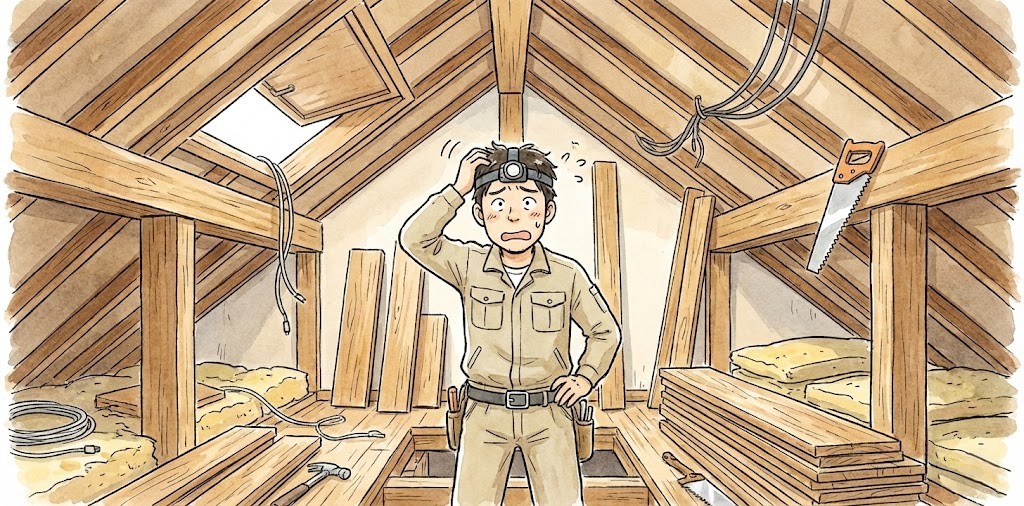 木材や断熱材、工具が散乱する屋根裏で、DIY作業に行き詰まり、困り果てた表情で頭をかいている作業着姿の男性のイラスト
