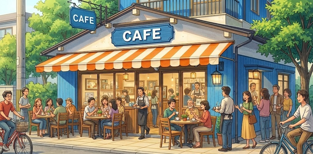 自宅の1階を改装した青い建物のカフェが、多くの人々で賑わっている活気ある様子のイラスト。テラス席や店内のテーブルで顧客が楽しそうに食事や会話をしており、店員が忙しく給仕している。テイクアウトを待つ人や自転車に乗る人々も描かれ、和やかな雰囲気に包まれている
