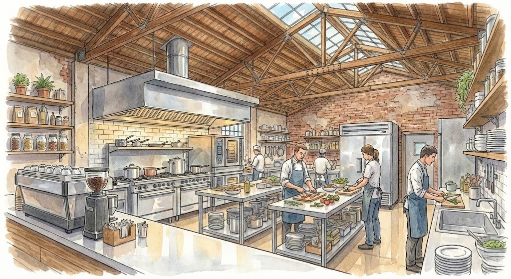 カフェ用の特別仕様のキッチン。複数人で調理が出来る大きなスペースが特徴