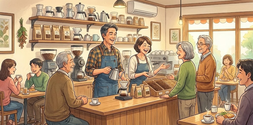 このカフェのオーナー夫婦が店舗内でお客様と楽しそうに会話している様子