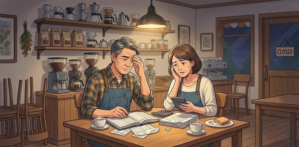 閉店後の薄暗いカフェの店内で、エプロン姿のオーナー夫婦がテーブルに広げた帳簿や請求書、電卓を前にして、資金繰りに悩み、深刻で困った表情で話し合っている様子