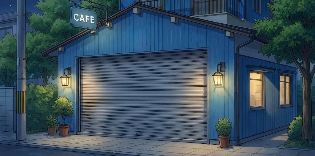 このカフェの正面の入り口は夜にはシャッターが閉められ、防犯対策リフォームがなされている