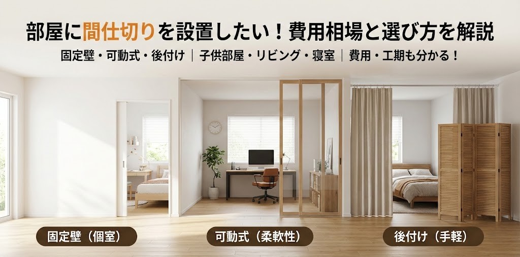 「部屋に間仕切りを設置したい！費用相場と選び方を解説」という記事のアイキャッチ画像。固定壁（個室）、可動式ガラス引き戸（柔軟性）、後付けカーテン・パーテーション（手軽）の3つの異なる間仕切り施工例を比較し、それぞれの特徴と用途（子供部屋、リビング、寝室）を視覚的に表現している