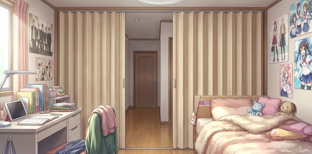 中学生の女の子の部屋が壁ではなく、アコーディオン加点え仕切られていることがわかるイラスト