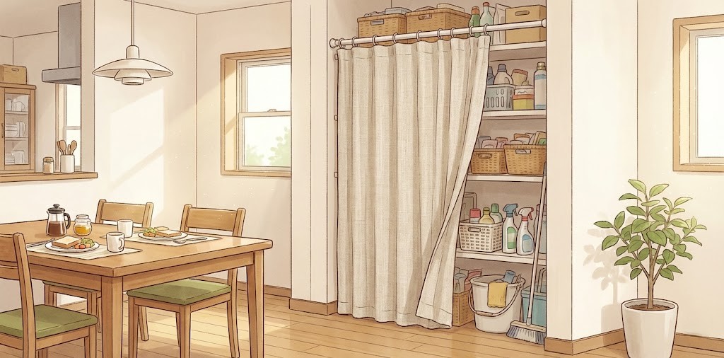 この家の1階にはダイニングの横に物置スペースがあり、そのスペースの前には突っ張り式の棒にかけられたカーテンがあり、そのイラスト