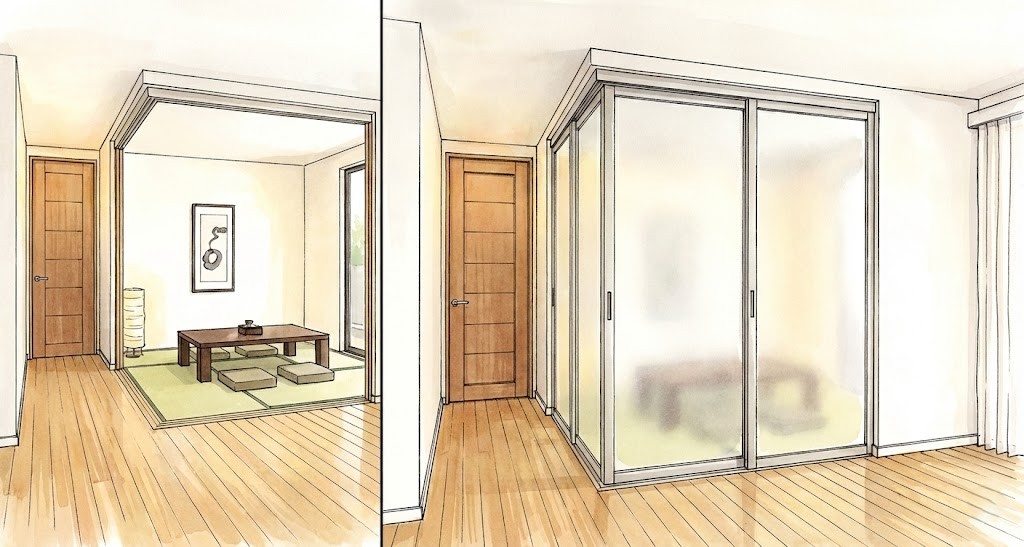 室内間仕切りの開閉比較イラスト。左半分は間仕切りを開放し、奥の和室（畳、座卓）と手前の部屋が繋がっている状態