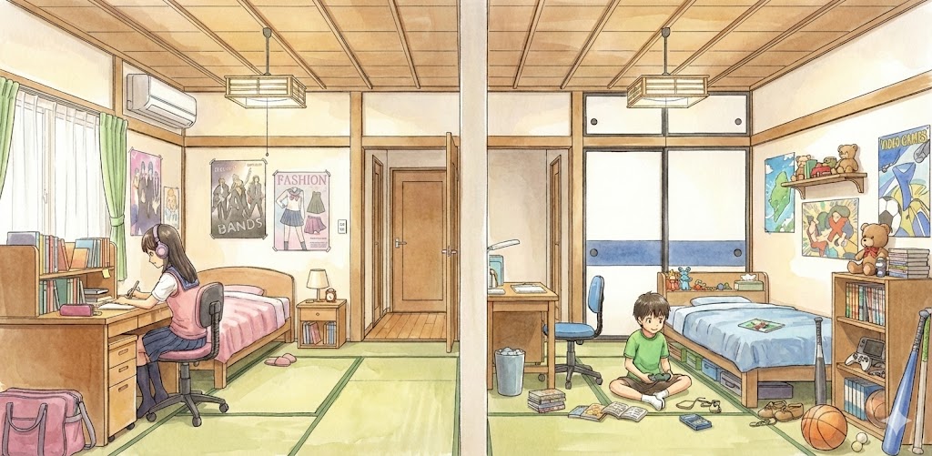 12畳の部屋を6畳ずつの子供部屋にして、それぞれに男女の兄弟がいる様子をイラスト