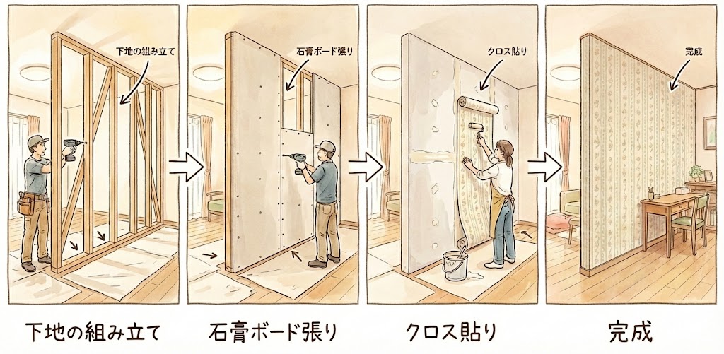 部屋に間仕切り壁を設置する工事の4段階の工程を描いたイラスト。左から右へ矢印で進行順が示されている。
左端の1コマ目は「下地の組み立て」で、作業員の男性が電動工具を使って木製の間仕切り壁の骨組みを組み立てている。
2コマ目は「石膏ボード張り」で、男性が組み上がった骨組みに石膏ボードをビスで張り付けている。
3コマ目は「クロス貼り」で、パテ処理された壁面に作業員の女性がローラーを使って花柄の壁紙（クロス）を貼り付けている。
右端の4コマ目は「完成」で、花柄のクロスが貼られた新しい間仕切り壁が完成し、部屋が区切られている。壁の前には木製の机と椅子が配置されている