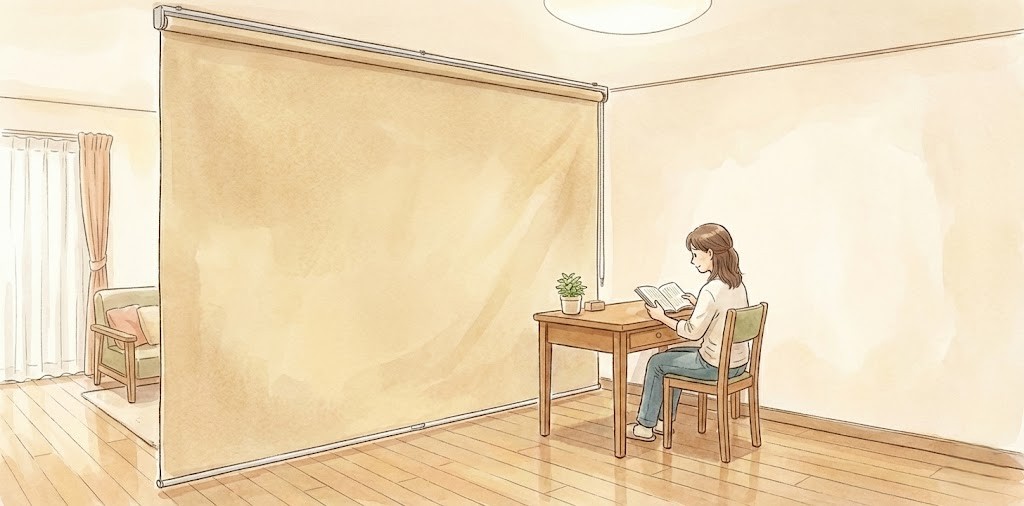 天井から床まである大きなベージュ色のロールスクリーンで、部屋が二つの空間に仕切られている水彩画風のイラスト。手前側の空間では、女性が木製の机に向かって椅子に座り、本を読んでいる。机の上には小さな観葉植物が置かれている。ロールスクリーンの奥側には、ソファとカーテンがかかった窓があり、リビングスペースとなっている様子がうかがえる