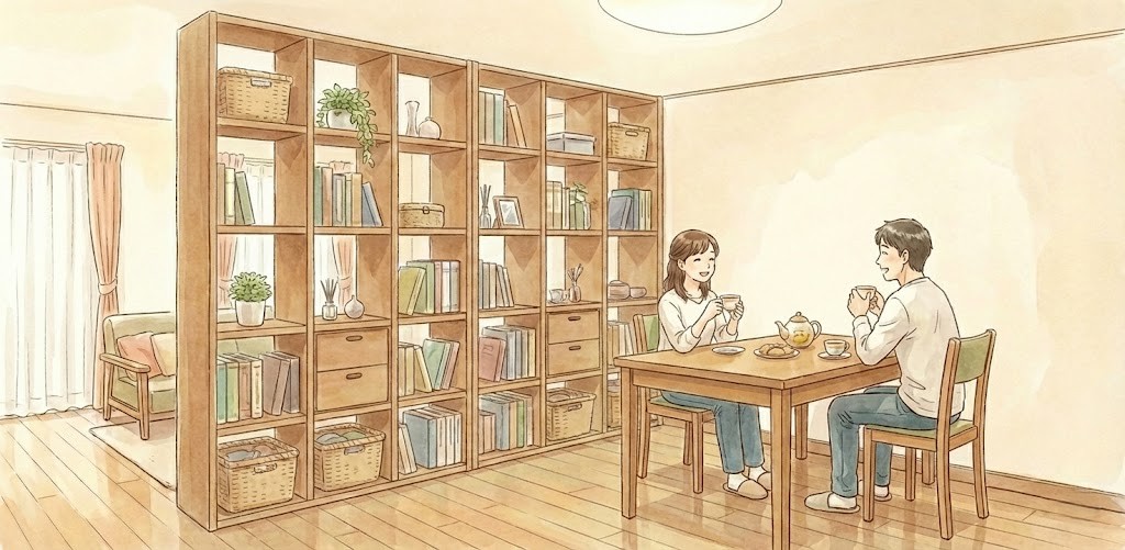 背の高い収納家具を間仕切りとして活用した、ダイニングキッチンの水彩画風イラスト。部屋の中央に配置された木製のオープンシェルフが、奥の空間と手前の居住スペースを緩やかに区切っている。手前のダイニングテーブルでは、夫婦が向かい合って座り、お茶を飲みながら談笑してくつろいでいる