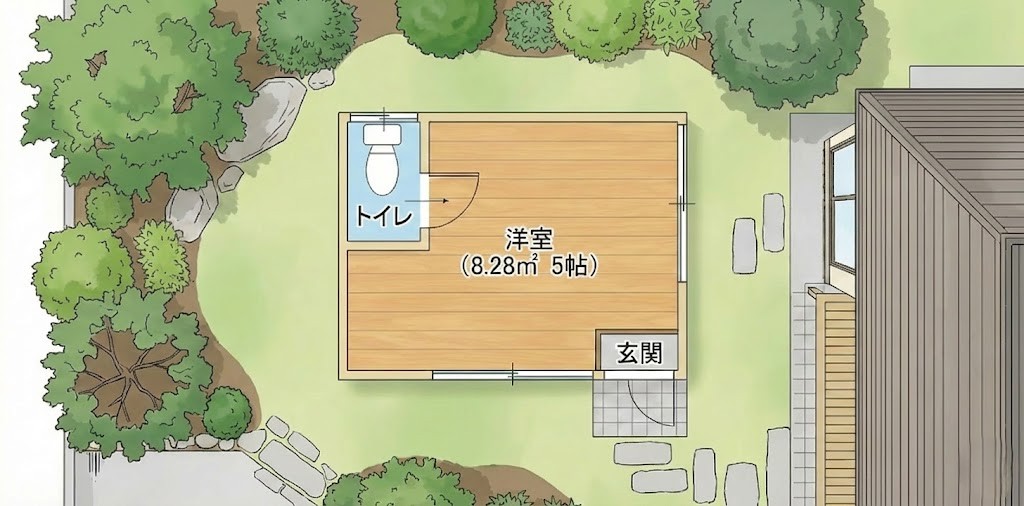 庭に建つトイレ・手洗い場付きの離れ(約5畳・8.28㎡)の間取り図。母屋の近くに配置された子供部屋やミニハウスのイメージイラスト