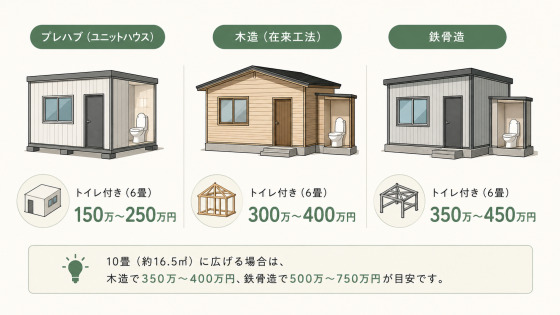 トイレ付き6畳の離れ増築費用を、プレハブ・木造・鉄骨造の構造別に比較した図解