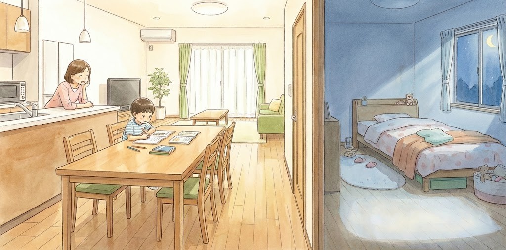 小学校低学年向けのリビング学習と、寝室として利用する子供部屋の使い分けイメージ