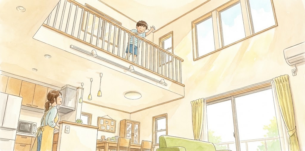 リビングの吹き抜けとつながる2階の子供部屋。ドアを設けず親子の声が届きやすい間取りイメージ