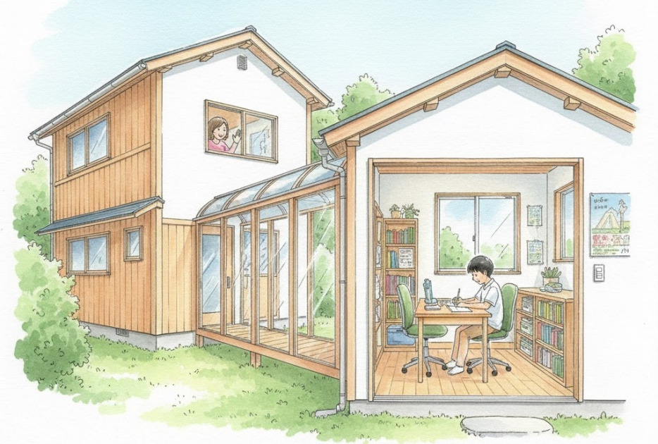母屋から渡り廊下でつながる離れの子供部屋。中学生が静かな環境で勉強に集中している増築事例のイラスト