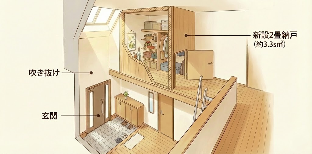 玄関上部の吹き抜けに2畳の納戸を設けたリフォーム事例
