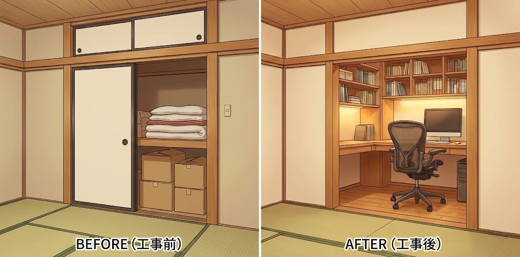 和室の押し入れ2畳分のスペースを書斎にリフォームした家のイラスト