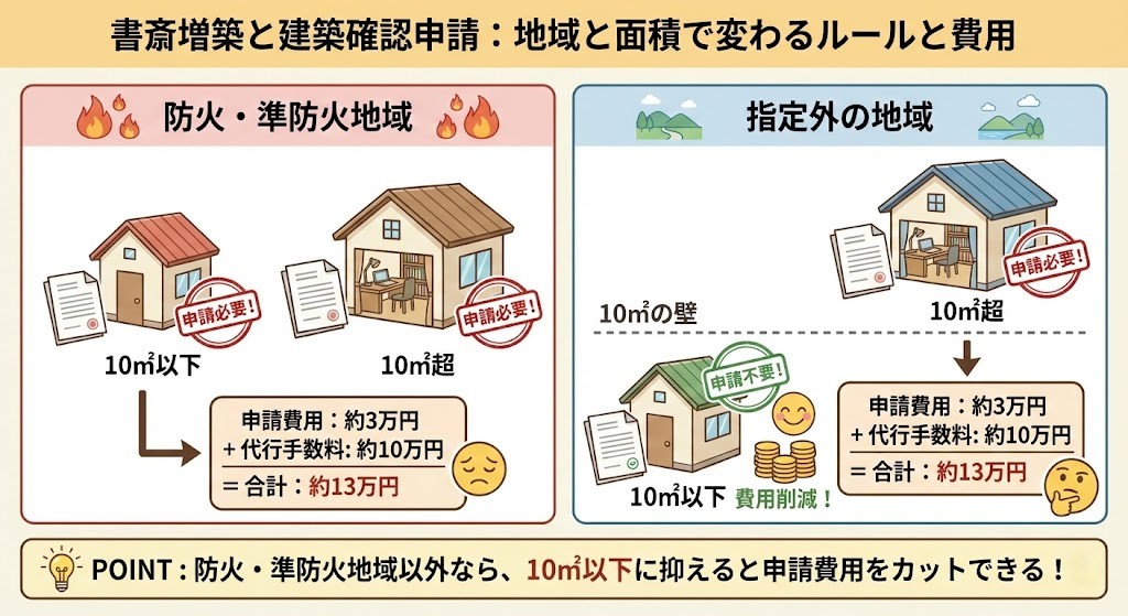 書斎増築における建築確認申請の要件と費用の図解。防火・準防火地域では面積に関わらず申請が必要であり、指定外地域では10㎡を超えると必要になる。申請費用の目安は約3万円＋代行手数料約10万円だが、指定外地域で10㎡以下に抑えることで費用削減が可能であることを示したイラスト