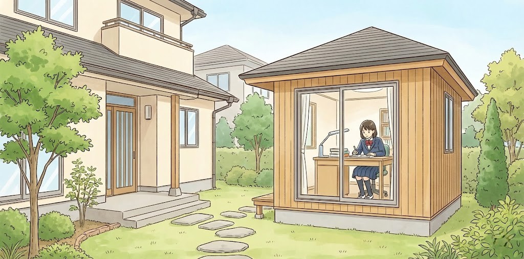 日本の戸建てがたっている土地に5坪（約16㎡）の離れのイラストを作成してほしい。離れでは中学生の子供が勉強をしている
